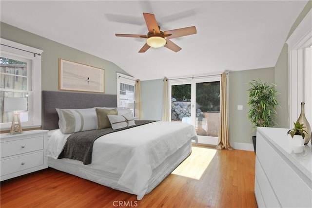 336 Redwood Dr, Pasadena, CA 91105 - bedroom with access to outside, lofted ceiling, light wood-style floors, and a ceiling fan