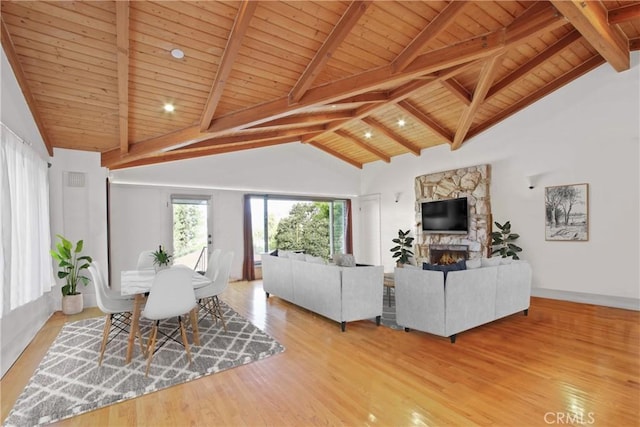 336 Redwood Dr, Pasadena, CA 91105 - living area featuring wooden ceiling, wood finished floors, and a stone fireplace