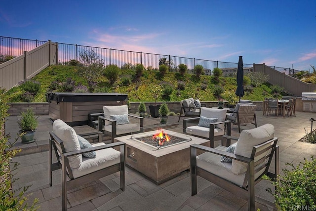 1518 Pepperwood Way, Oceanside, CA 92056 - fenced backyard featuring a hot tub, a patio area, and an outdoor living space with a fire pit