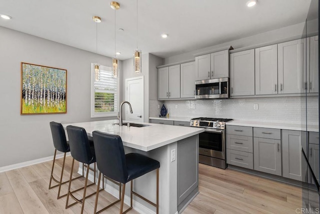 1518 Pepperwood Way, Oceanside, CA 92056 - kitchen featuring stainless steel appliances, gray cabinets, a sink, light countertops, and decorative backsplash
