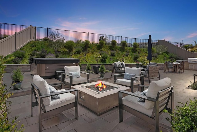 1518 Pepperwood Way, Oceanside, CA 92056 - patio terrace at dusk with a patio, an outdoor living space with a fire pit, a hot tub, a fenced backyard, and a grill
