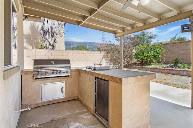 view of patio / terrace featuring a fenced backyard, area for grilling, and an outdoor kitchen