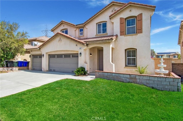 mediterranean / spanish home featuring a tiled roof, a garage, concrete driveway, a front lawn, and stucco siding