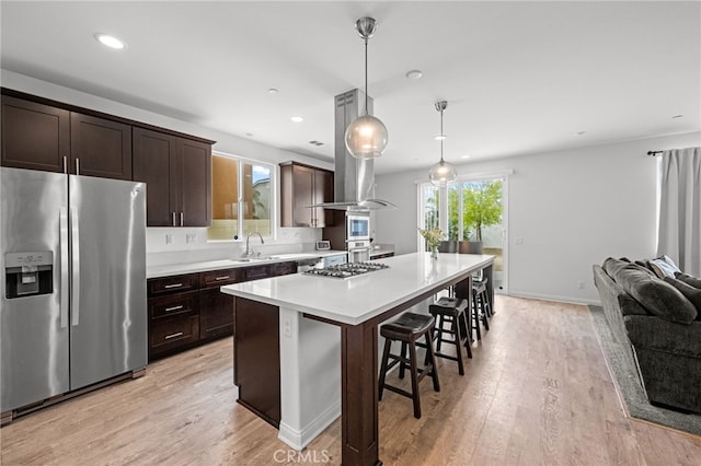 kitchen featuring open floor plan, light wood-style flooring, dark brown cabinetry, and appliances with stainless steel finishes