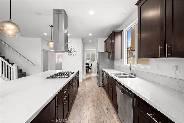 26382 Bramble Wood Cir, Menifee, CA 92584 - kitchen featuring appliances with stainless steel finishes, light wood-style floors, dark brown cabinetry, range hood, and hanging light fixtures