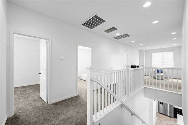 26382 Bramble Wood Cir, Menifee, CA 92584 - corridor with recessed lighting, carpet flooring, and an upstairs landing