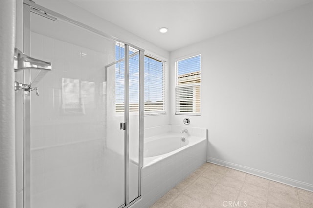 26382 Bramble Wood Cir, Menifee, CA 92584 - bathroom featuring a garden tub, a shower stall, and recessed lighting