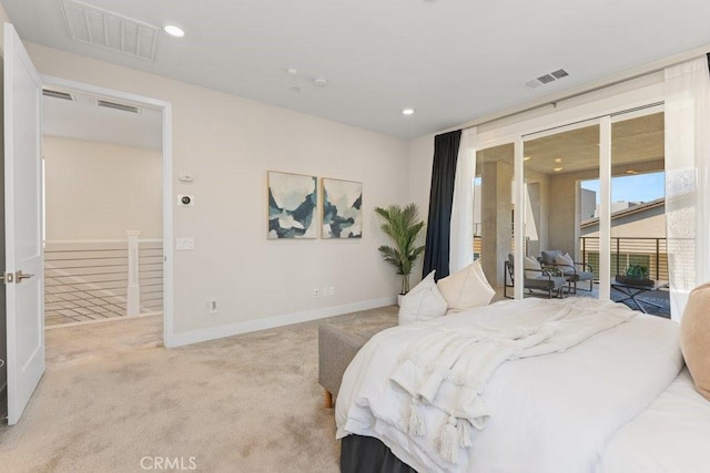 bedroom featuring visible vents, access to exterior, and carpet flooring