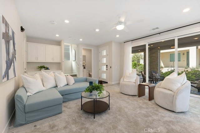 108 Shear, Irvine, CA 92618 - living room featuring baseboards, recessed lighting, light colored carpet, and a ceiling fan