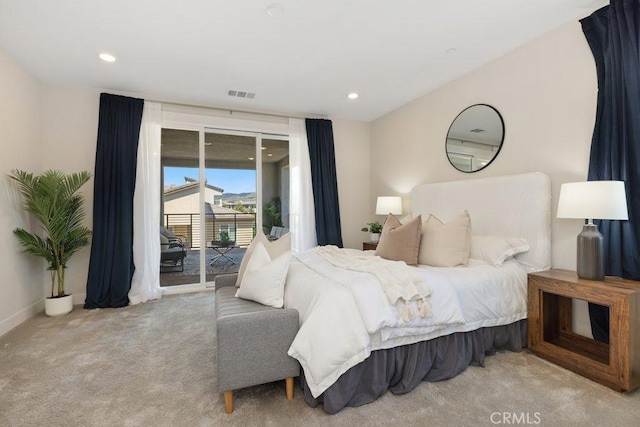 bedroom featuring access to outside, baseboards, recessed lighting, carpet flooring, and visible vents