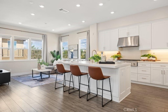 kitchen with visible vents, an island with sink, under cabinet range hood, white cabinetry, and stainless steel gas stovetop