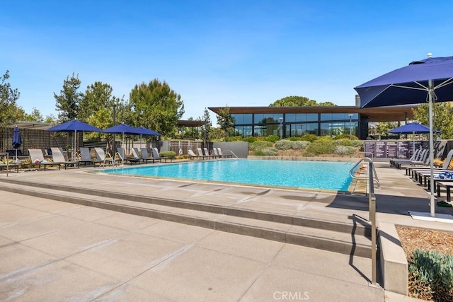 community pool with a patio and fence