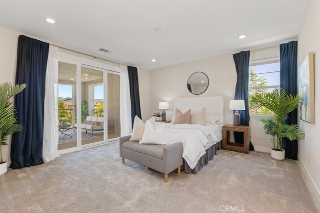carpeted bedroom featuring visible vents, access to exterior, recessed lighting, and baseboards