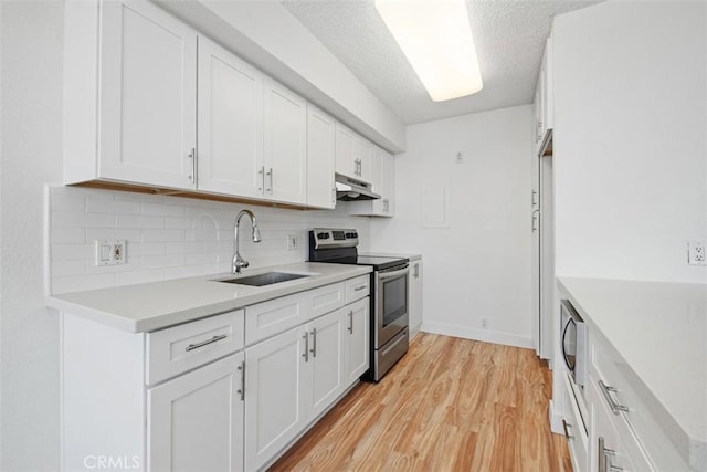 kitchen with stainless steel appliances, under cabinet range hood, a sink, tasteful backsplash, and light wood finished floors
