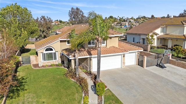 6816 Ridgeside Dr, Riverside, CA 92506 - view of front of house featuring a tiled roof, driveway, an attached garage, stucco siding, and stone siding