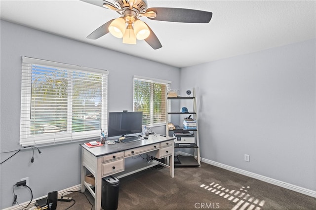 6816 Ridgeside Dr, Riverside, CA 92506 - office featuring ceiling fan, dark carpet, and baseboards