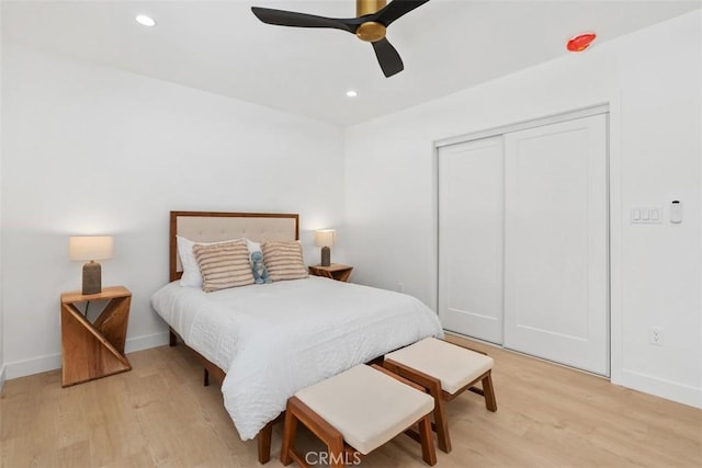 2037 Rayshire St, Thousand Oaks, CA 91362 - bedroom with light wood finished floors, baseboards, recessed lighting, a closet, and ceiling fan