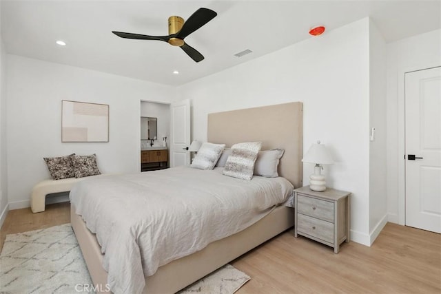 2037 Rayshire St, Thousand Oaks, CA 91362 - bedroom featuring light wood-type flooring, recessed lighting, ensuite bath, and a ceiling fan