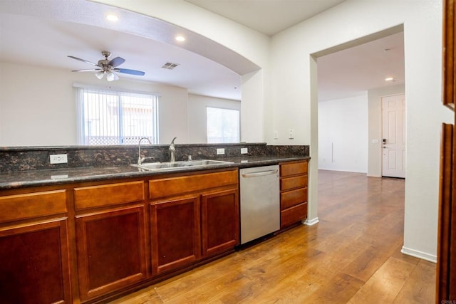 422 Cool Creek Ct Unit 5, Brawley, CA 92227 - kitchen featuring dishwasher, a ceiling fan, light wood finished floors, dark stone countertops, and recessed lighting