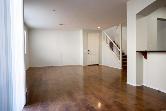 422 Cool Creek Ct Unit 5, Brawley, CA 92227 - unfurnished living room with stairway, wood finished floors, and recessed lighting