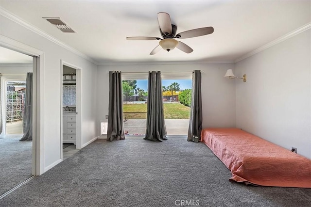 bedroom featuring carpet flooring, access to outside, visible vents, and ornamental molding