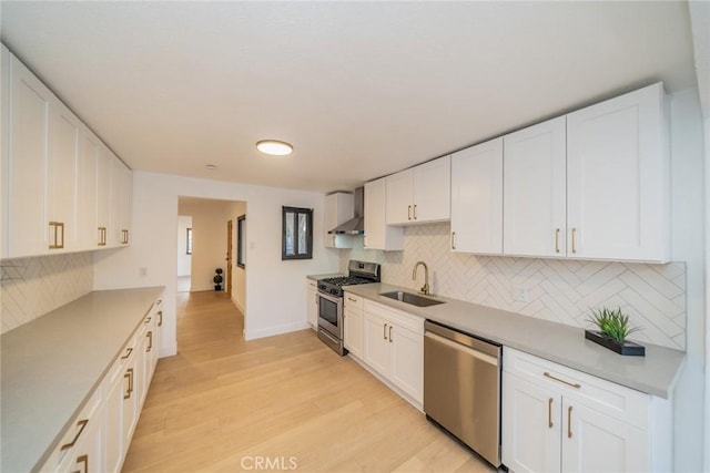932 S Bon View Ave, Ontario, CA 91761 - kitchen with appliances with stainless steel finishes, wall chimney range hood, decorative backsplash, and white cabinetry