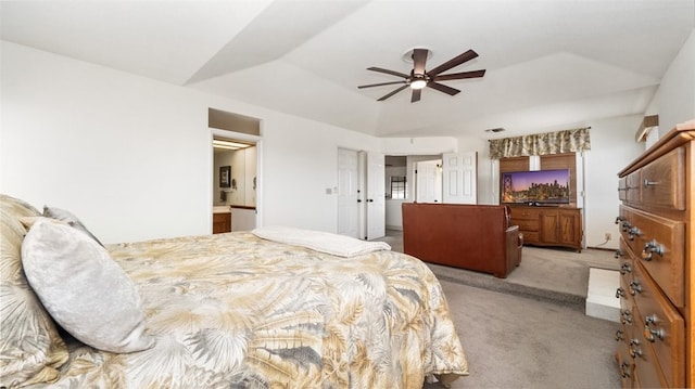 18668 Lemert St, Hesperia, CA 92345 - bedroom featuring ceiling fan, ensuite bathroom, light colored carpet, and lofted ceiling
