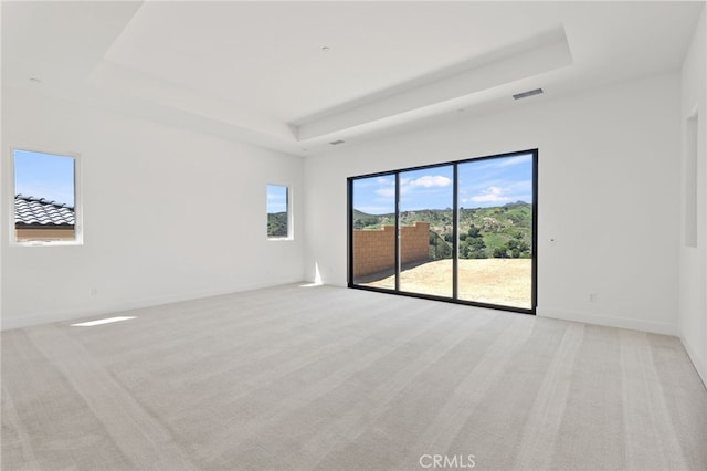 spare room featuring visible vents, light carpet, baseboards, and a tray ceiling