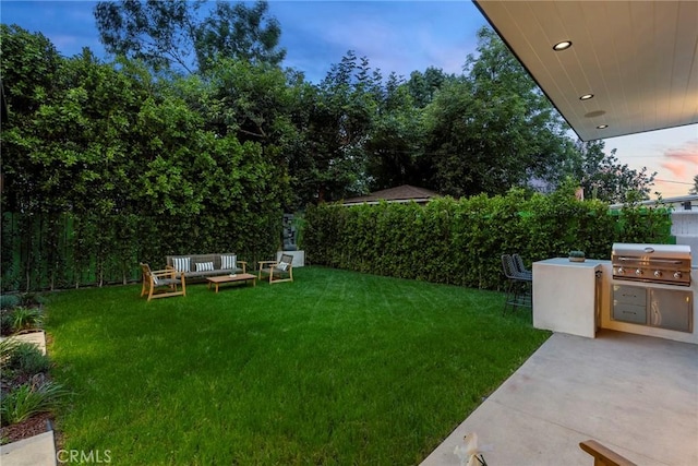 view of yard featuring an outdoor kitchen, a patio, an outdoor hangout area, and exterior bar