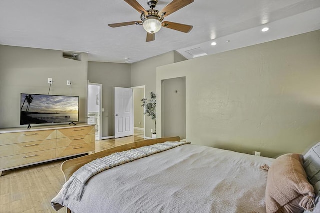bedroom with a ceiling fan, recessed lighting, and light wood-style floors