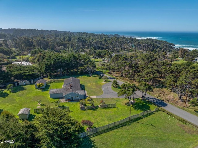 birds eye view of property with a water view and a forest view