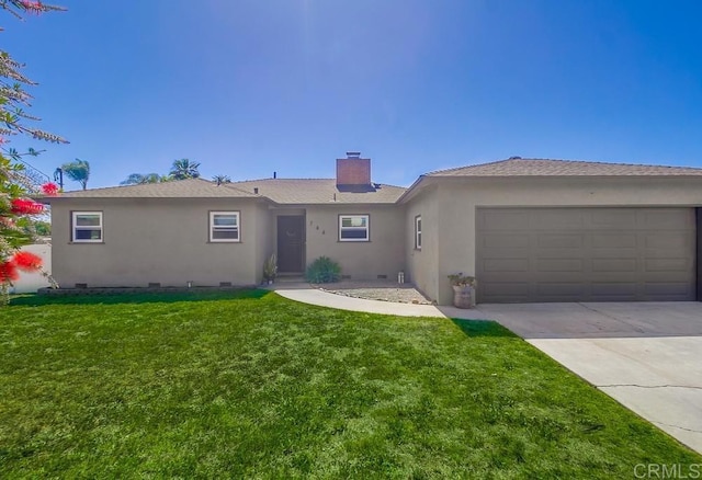 ranch-style house with a front lawn, a chimney, concrete driveway, an attached garage, and stucco siding