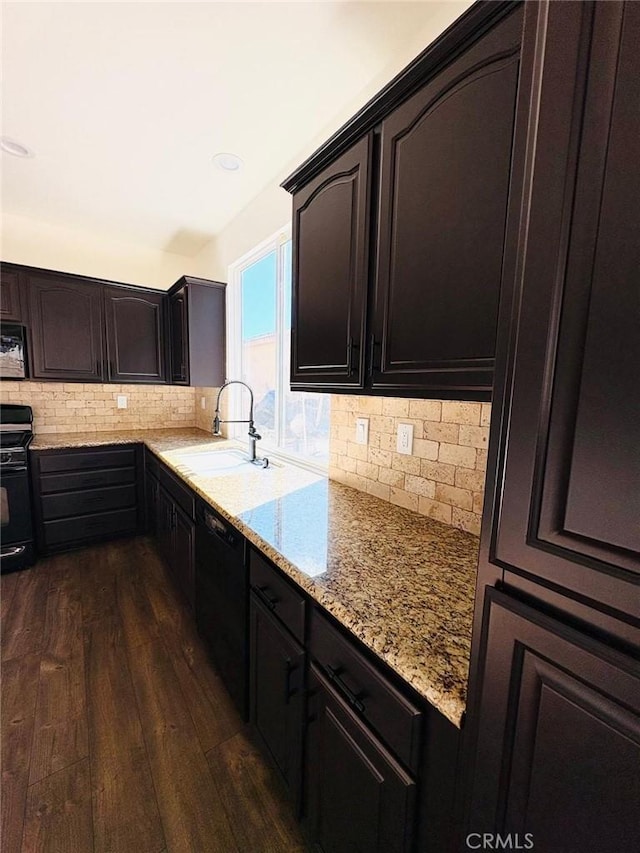 65565 Acoma Ave Unit 68, Desert Hot Springs, CA 92240 - kitchen with dark wood-style floors, dishwasher, light stone countertops, stove, and a sink