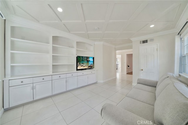 unfurnished living room featuring visible vents, built in features, light tile patterned floors, and crown molding