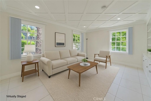 living room with recessed lighting, light tile patterned floors, baseboards, and coffered ceiling