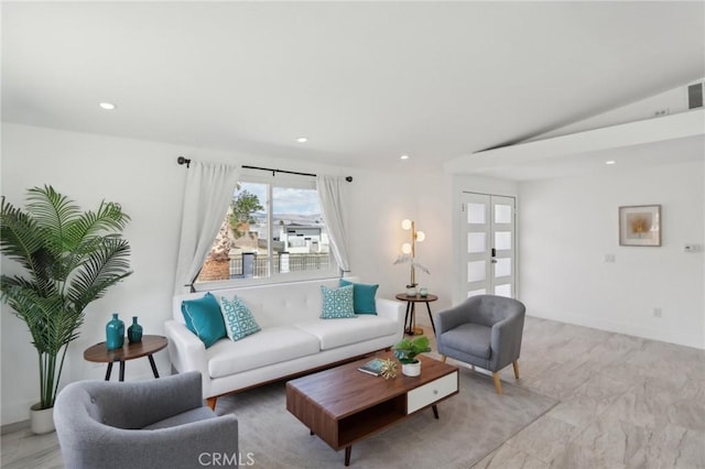 845 W Gateway Dr, Palm Springs, CA 92262 - living room featuring recessed lighting, light marble finish floors, and lofted ceiling