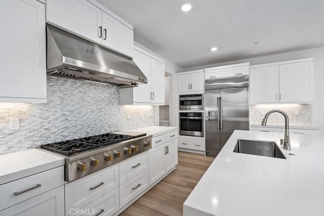120 Zawn, Irvine, CA 92618 - kitchen with light countertops, appliances with stainless steel finishes, a sink, and under cabinet range hood