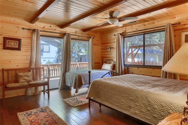 bedroom featuring beamed ceiling, wooden walls, access to outside, hardwood / wood-style floors, and wood ceiling