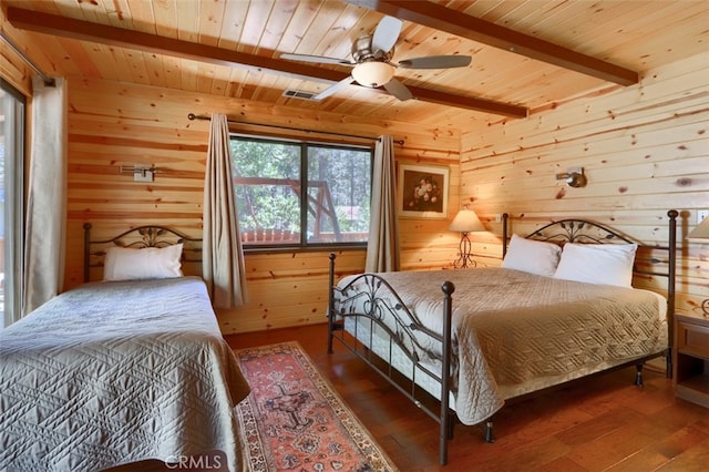 bedroom featuring wooden ceiling, wood walls, beamed ceiling, and hardwood / wood-style flooring