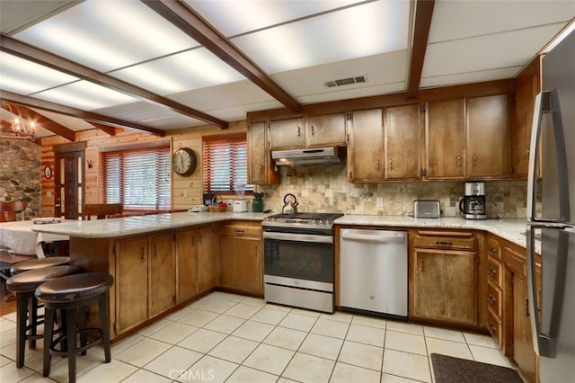 kitchen with backsplash, a peninsula, brown cabinets, under cabinet range hood, and stainless steel appliances