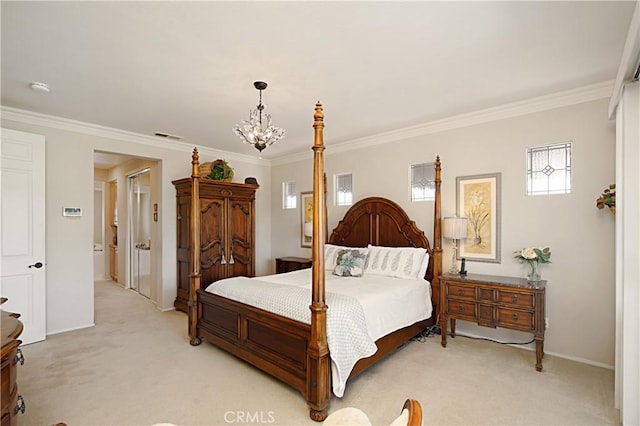37557 Windsor Ct, Murrieta, CA 92562 - bedroom featuring baseboards, ornamental molding, a chandelier, and light colored carpet