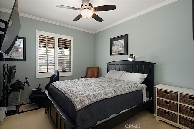 37557 Windsor Ct, Murrieta, CA 92562 - bedroom with a ceiling fan, crown molding, and light carpet