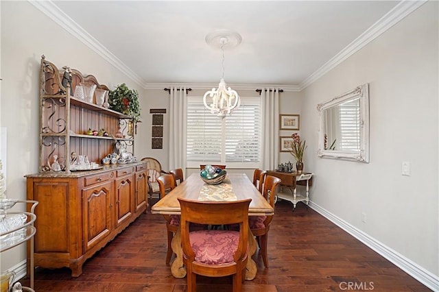 37557 Windsor Ct, Murrieta, CA 92562 - dining area featuring dark wood-type flooring, baseboards, an inviting chandelier, and crown molding