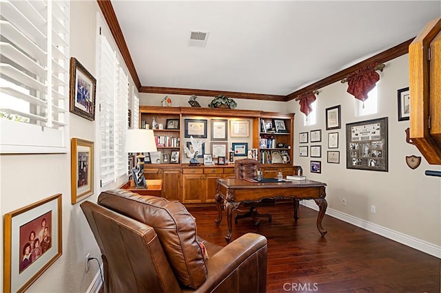 37557 Windsor Ct, Murrieta, CA 92562 - office featuring dark wood-style floors, visible vents, ornamental molding, and baseboards