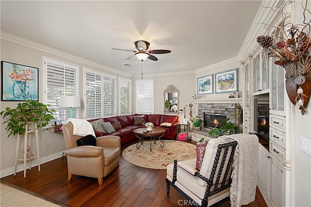 37557 Windsor Ct, Murrieta, CA 92562 - living area featuring ornamental molding, baseboards, hardwood / wood-style flooring, a ceiling fan, and a fireplace