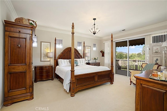 37557 Windsor Ct, Murrieta, CA 92562 - bedroom featuring access to exterior, crown molding, light carpet, visible vents, and an inviting chandelier