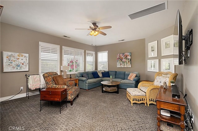 37557 Windsor Ct, Murrieta, CA 92562 - living area featuring baseboards, carpet flooring, ceiling fan, and visible vents