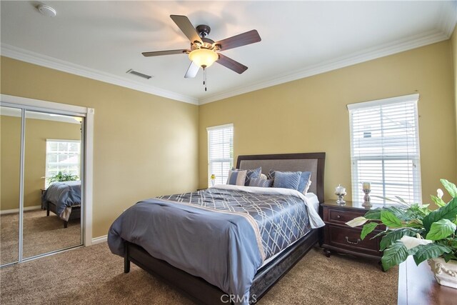 41548 Hutchison Ct, Murrieta, CA 92562 - bedroom with carpet, multiple windows, ornamental molding, a ceiling fan, and baseboards