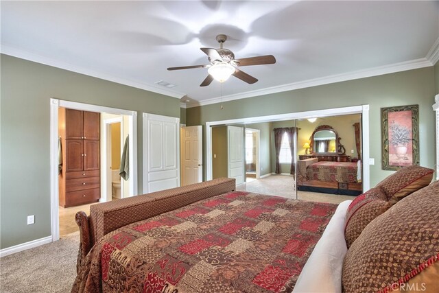 41548 Hutchison Ct, Murrieta, CA 92562 - bedroom with light colored carpet, ornamental molding, baseboards, and ceiling fan