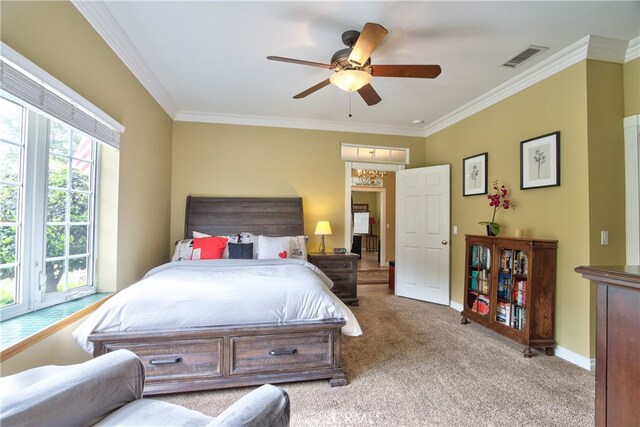 41548 Hutchison Ct, Murrieta, CA 92562 - carpeted bedroom featuring ornamental molding, baseboards, and a ceiling fan